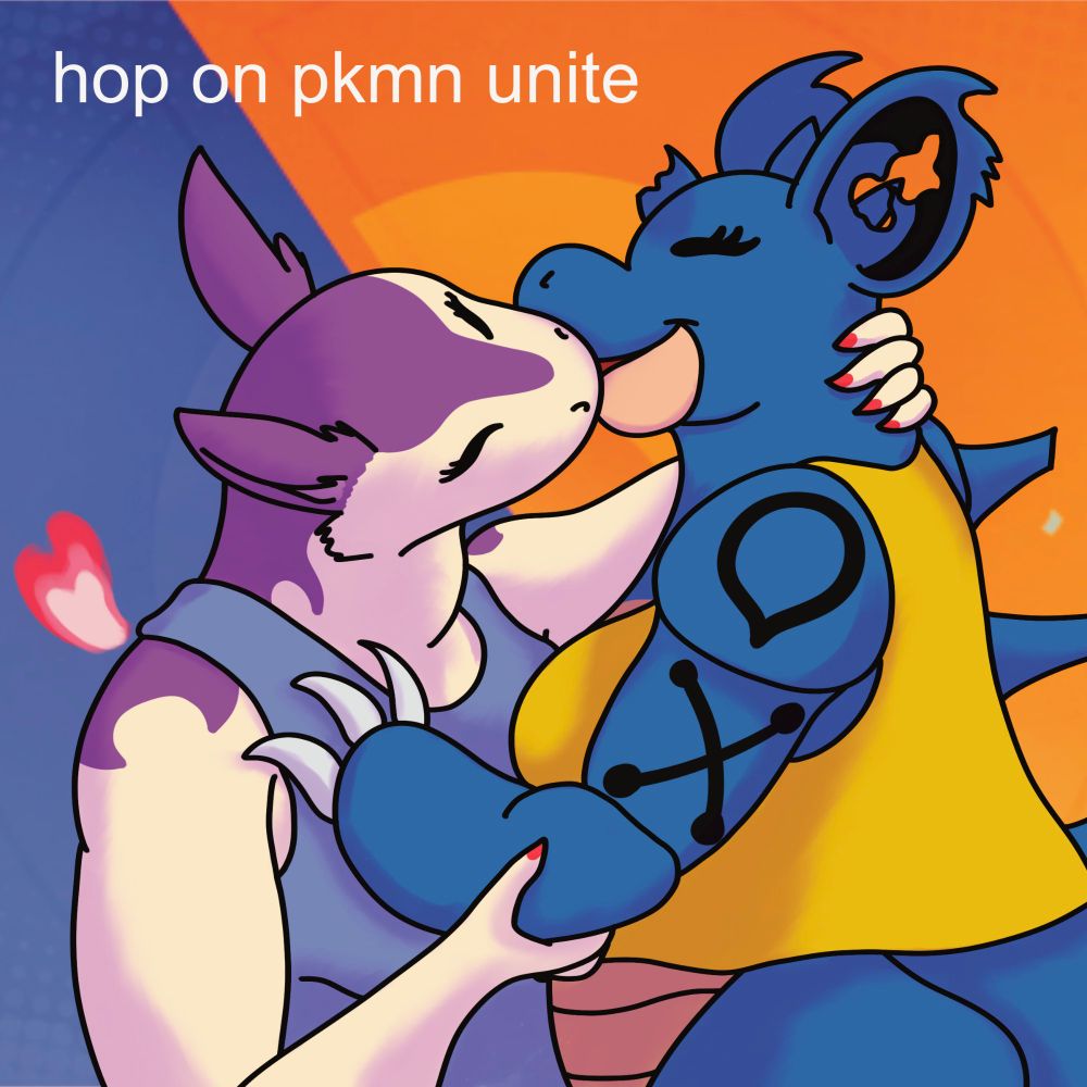 A purple and cream typhlosion in a bluish purple tank top engaged in mortal kissing combat with a battle scarred nidoqueen with a poison type arm tattoo