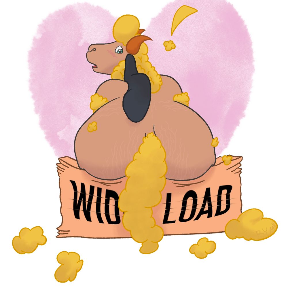 A golden wooled sheep, looking over their shoulder at you in surprise, their ass crushing a helpless cardboard box with the words WIDE LOAD imprinted and squished on it, bits of wool are littered about as you've clearly caught them in the middle of a shearing session and a pink watercolor heart frames their silhouette as a background accent