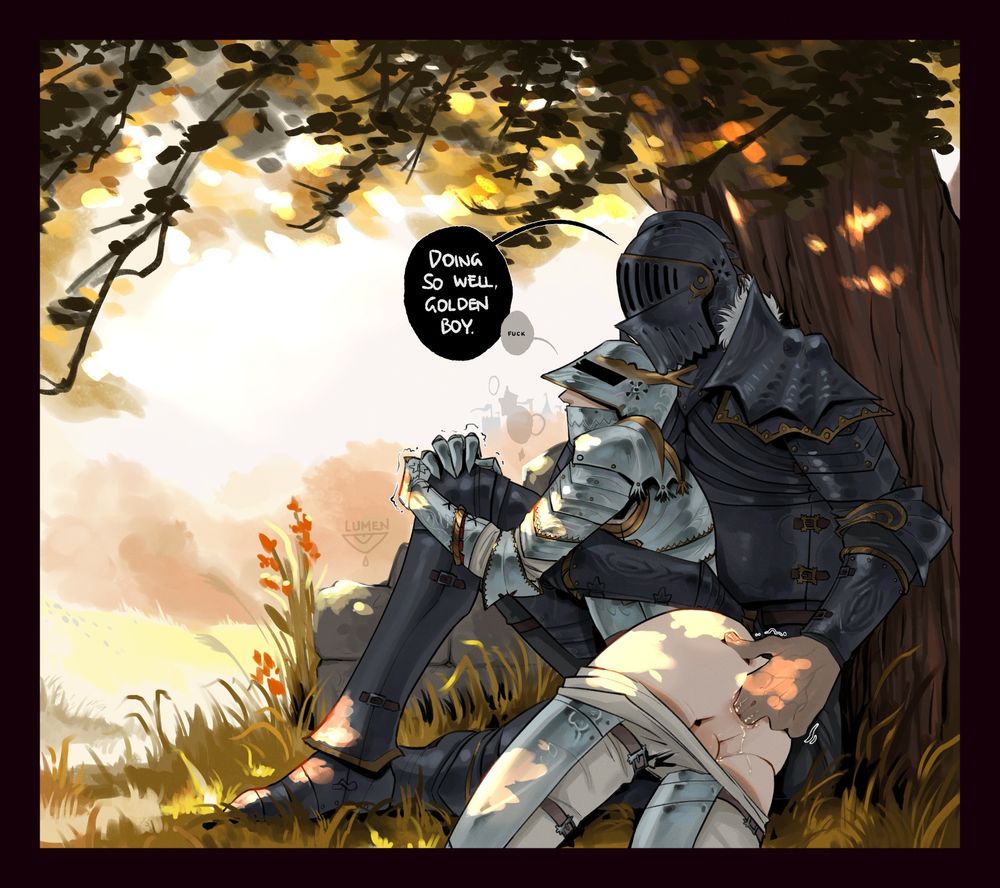 An illustration of my knight OCs relaxing in the shade of a tree. Douglas is sitting on the ground with Willow half in his lap, propped up on Douglas' leg. He is holding on for dear life while Douglas patiently opens him up with one ungloved hand. Douglas praises him while demeaning him by using his nickname: Doing so well, golden boy. 