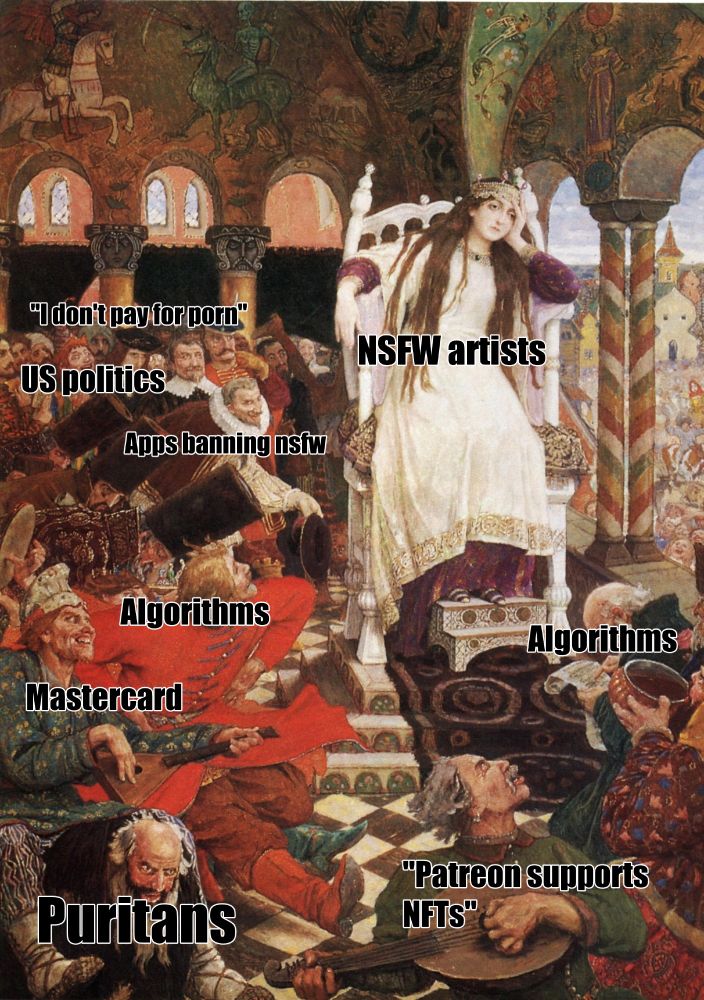 "The Princess Who Never Smiled" by Russian artist Viktor Vasnetsov overlayed with meme text labeling the different characters around the princess with different hurdles nsfw artists face. 