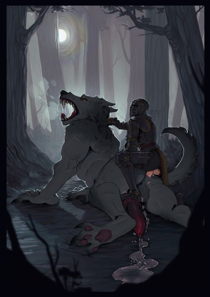 Illustration of a knight in dark armor with gold accents taking care of a grey werewolf. The werewolf is on his front, torso raised and mouth open in a snarl while the knight mounts him from behind, putting pressure on the werewolves knot with one of his armored feet. There is a bright white moon peaking out between the trees and the fog of a cold autumn night. 