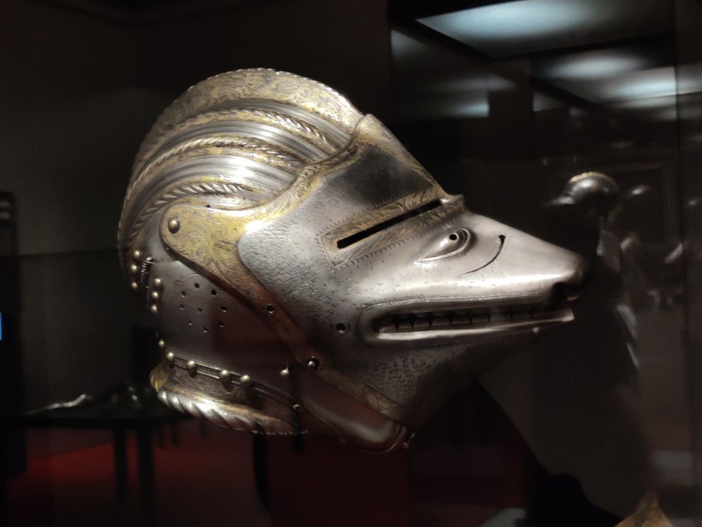 Picture of a knight helmet that was modeled after a wolfhead. 