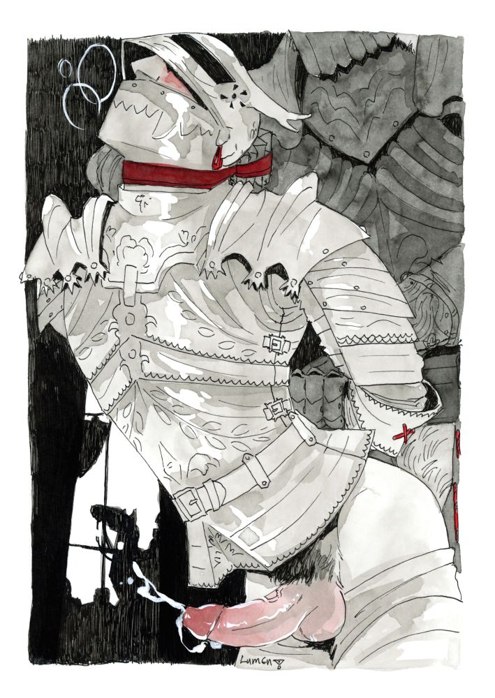 An ink drawing of my knight boys Douglas and Willow in a tent behind the scenes of a tournament. Douglas is behind Willow whos hose is pushed down, his cock exposed and coming. There is a red leash wound around Willows neck, with Douglas choking him and holding Willows arms behind his back. 