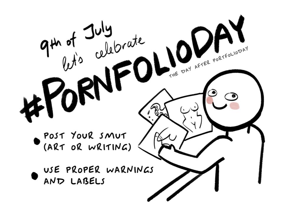 An illustration of a little perv looking at their collection of smut.
The text reads:
9th of July
let's celebrate #Pornfolioday (the day after Portfolioday)
Post your Smut (art or writing)
Use proper warnings and labels