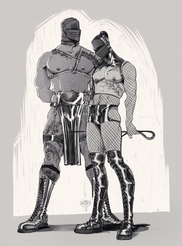 A black and white drawing of my knight OCs Douglas and Willow in a modern AU setting, wearing leather masks and fetish gear.