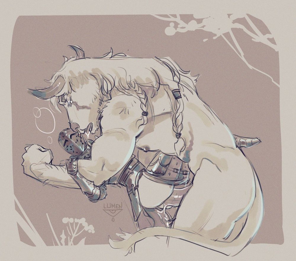A monochrome drawing of my knight OC taking his minotaur boyfriend, and not in a fight. 