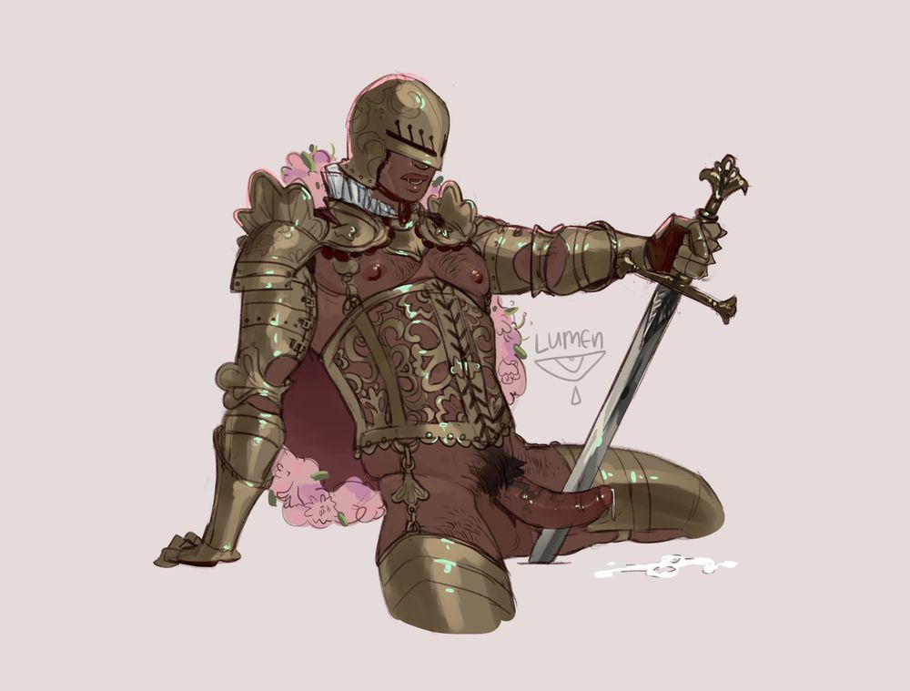 A drawing of a scantily clad knight with a metal corset and a flower cape getting off against his sword.