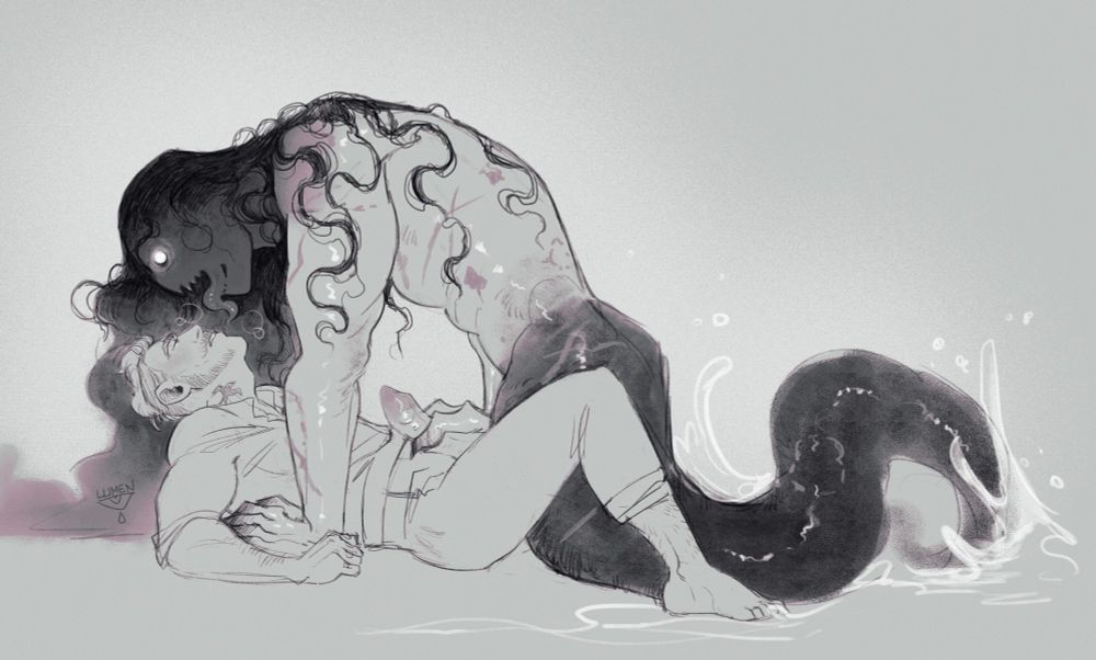 A monochrome doodle of a big mermaid creature guy with seaweed like black hair leaning over a sailor that is definitely not into how the creature is rubbing against him. Defnitely not hard from it.
(tone is hard to read I guess so just in case, he is into it, a lot)