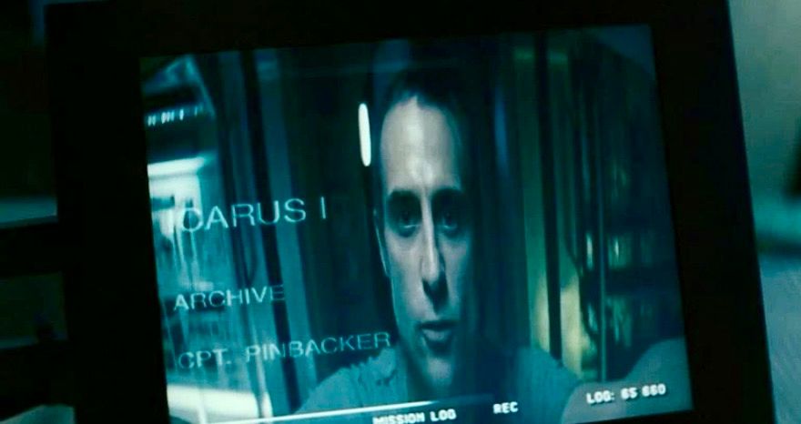 Mark Strong on a screen as Captain Pinbacker in "Sunshine"