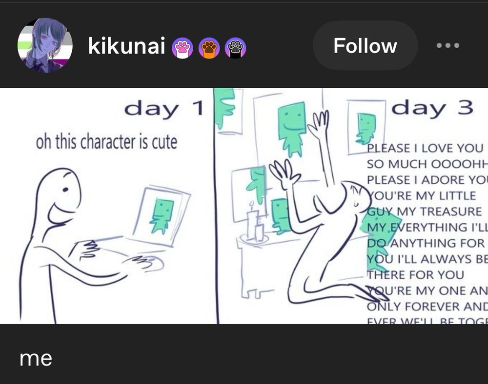 A meme where someone says a character is cute the first time they see them and two days later they're worshipping said character with a shrine 