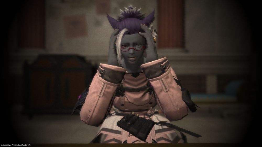 Reen'ra is sitting in the Annex, grasping his head with a pained expression on his face