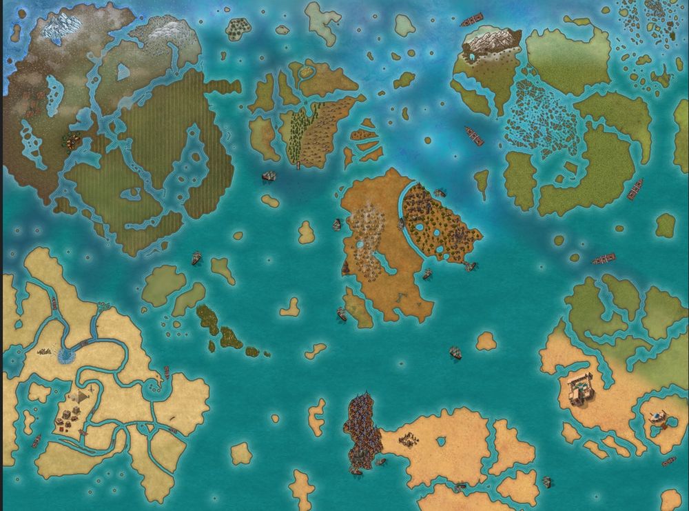A photo of a map with various land masses. The world is primarily water and all of the masses are split up into islands.