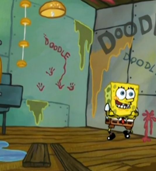 Spongebob smiling while holding himself, a maniacal smile on his face.