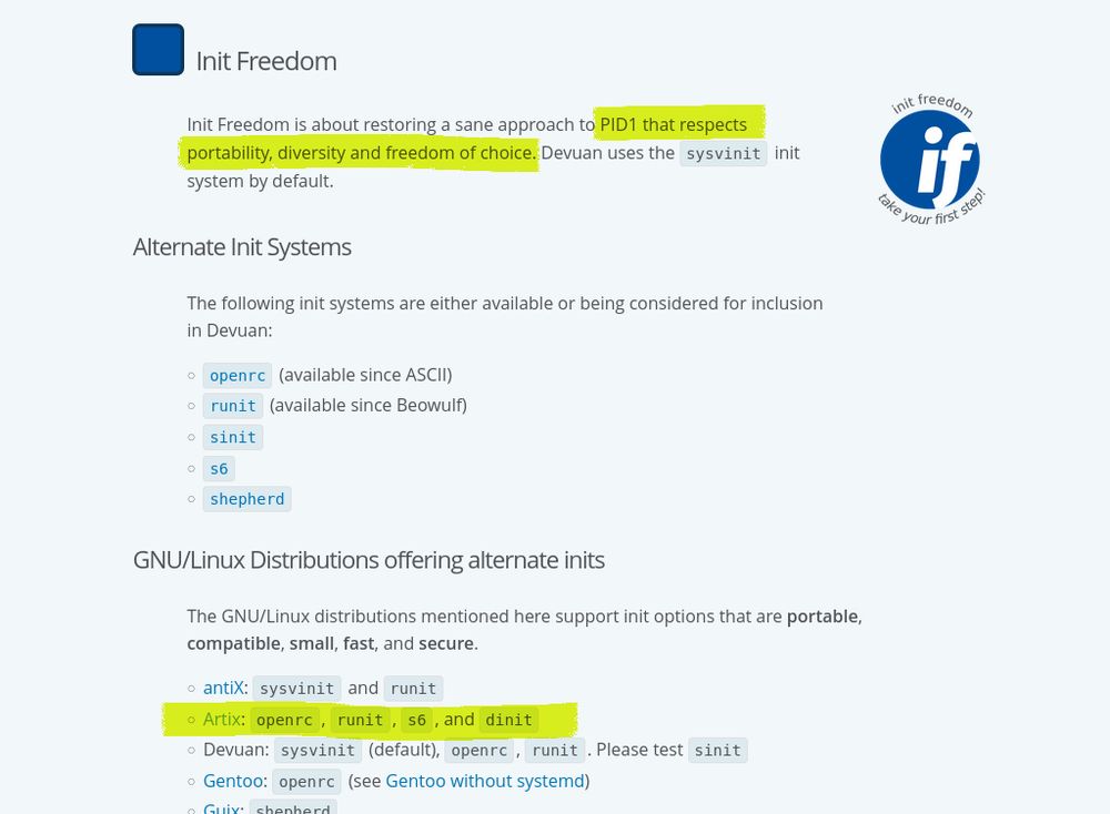 Highlighting Artix Linux on the Devuan Init Freedom page