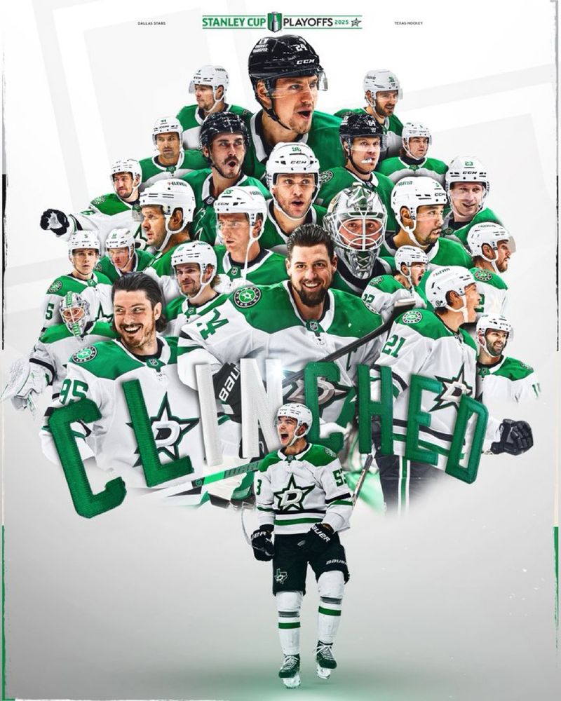 image shows a photo composition with all the dallas stars players arranged so that their torsos seem to be coming from an open fan over the word CLINCHED (the letters IN are in white while the rest of the word is green), with the exception of Wyatt Johnston, who is front and center, in front of the word CLINCHED, wearing the team’s white away uniform, with an expression of wild joy on his face.