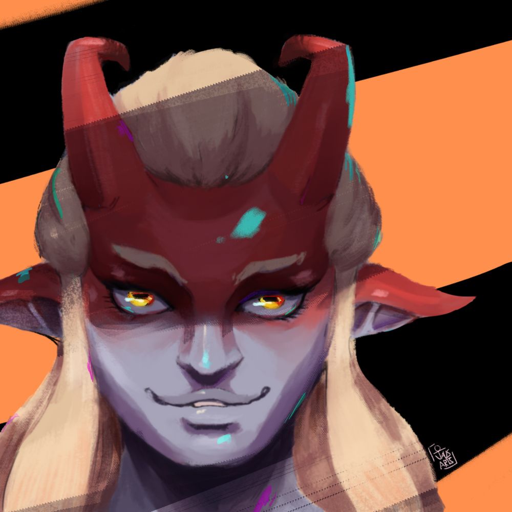 Digital painting portrait of Xana Koko, a goat-like alien race with grey-blue skin and long ears, The ends of her head and horns are red  and has long Blonde hair and yellow goat-like eyes. Some dark shadows cover her face and She's showing a mischevious smirk at the camera. THE background is orange and black thic lines