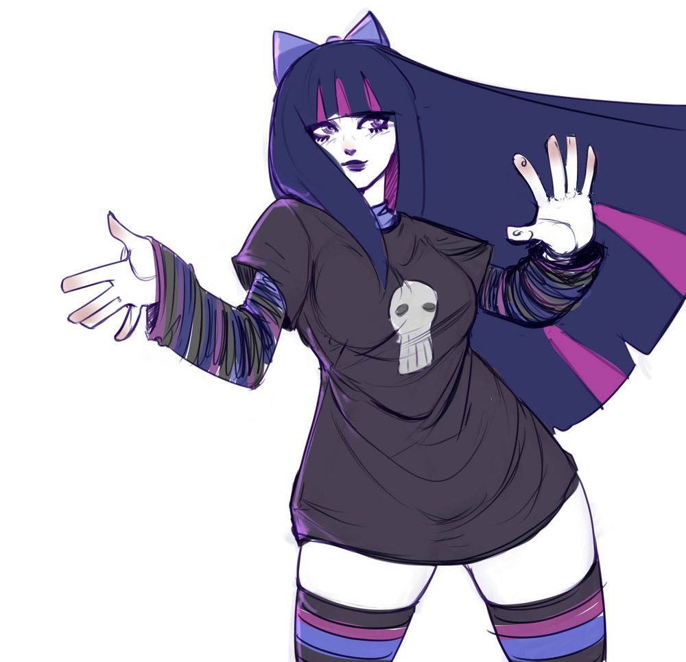 Digital sketch of Stocking from panty and stocking wearing an oversize black shirt, a long sleeve shirt underneath with stripes and Stockings
