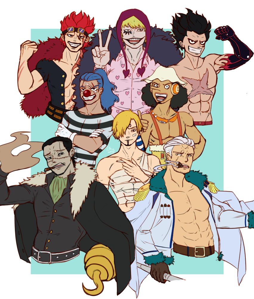 Digital illustration showing a group of One Piece characters. From top to Bottom:
Eustass Kid, Corazon and Luffy Gear 4
Buggy the Clown and Usopp
Saji 
Crocodile and Smoker