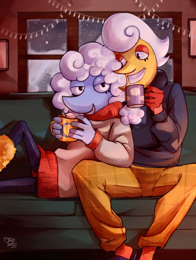Digital illustration of Elnina and Lanino from Deltarune chapter 3 enjoying a snowing day inside, resting with comfy winter clothes and hot chocolate on a green couch. Elnina has a long white wool sweater with a turtleneck, both her turtleneck and bottom borders are red and has dark-blue leggings and a yellow tall fluffy slippers. Lanino is wearing a blue turtleneck and yellow pants with a plaid pattern, red socks and dark-blue slippers, behind them there's a big window showing a snowy outside, some white christmas lights and a certain blue character looking from the outside
