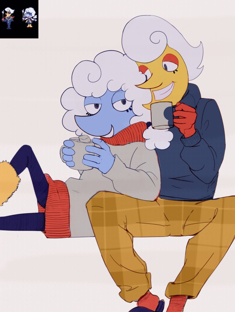 Digital sketch of Elnina and Lanino from Deltarune chapter 3 enjoying a snowing day inside, resting with comfy winter clothes and hot chocolate. Elnina has a long white wool sweater with a turtleneck, both her turtleneck and bottom borders are red and has dark-blue leggings and a yellow tall fluffy slippers. Lanino is wearing a blue turtleneck and yellow pants with a plaid pattern, red socks and dark-blue slippers