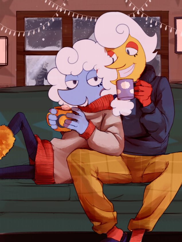 Digital wip of Elnina and Lanino from Deltarune chapter 3 enjoying a snowing day inside, resting with comfy winter clothes and hot chocolate on a green couch. Elnina has a long white wool sweater with a turtleneck, both her turtleneck and bottom borders are red and has dark-blue leggings and a yellow tall fluffy slippers. Lanino is wearing a blue turtleneck and yellow pants with a plaid pattern, red socks and dark-blue slippers