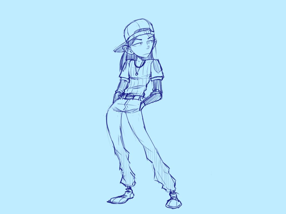 rough sketch of character in some kind of baseball outfit.