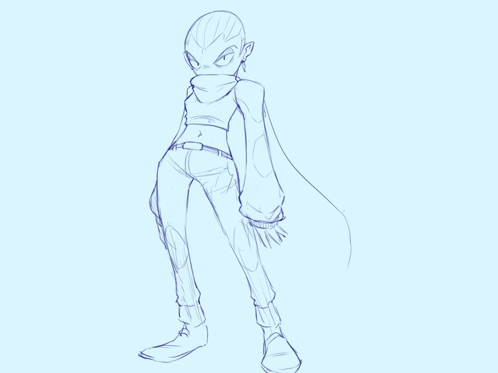 A female character stands staring. They are in some kind of long-sleeve crop top thing with a scarf I forgot to finish drawing. :u