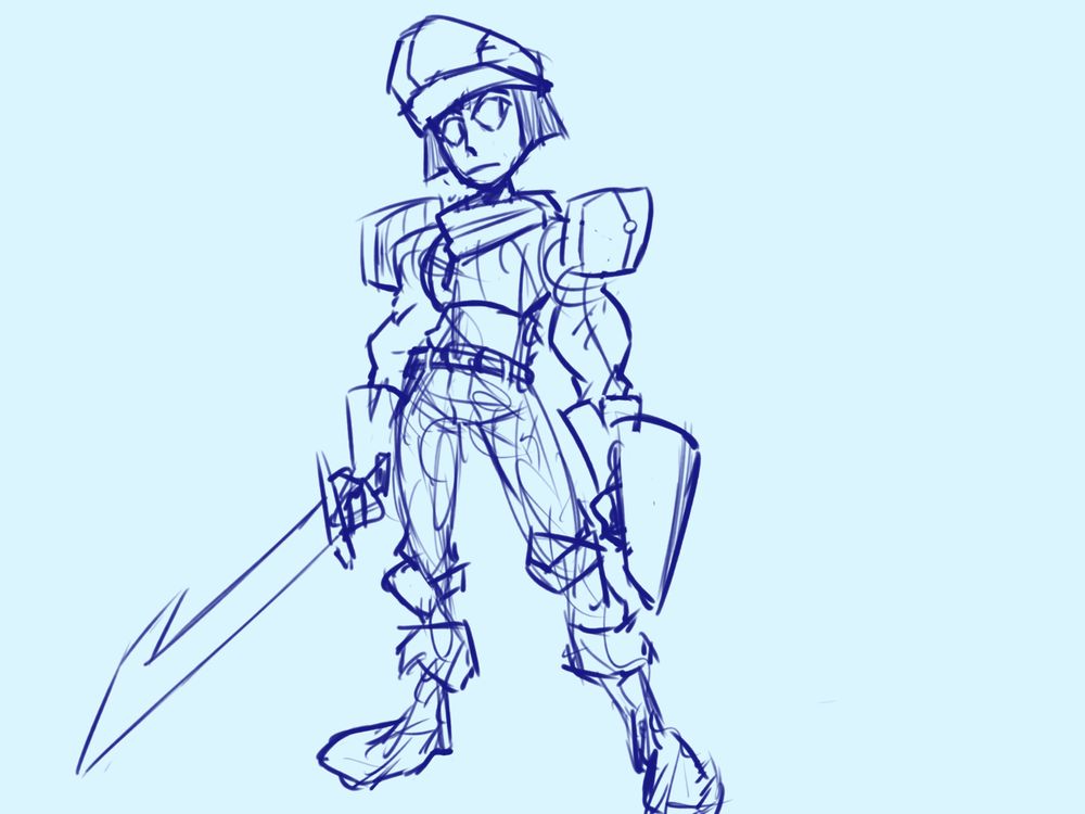 Another quick drawing of a character with a hooked sword and clumsy-looking armor.