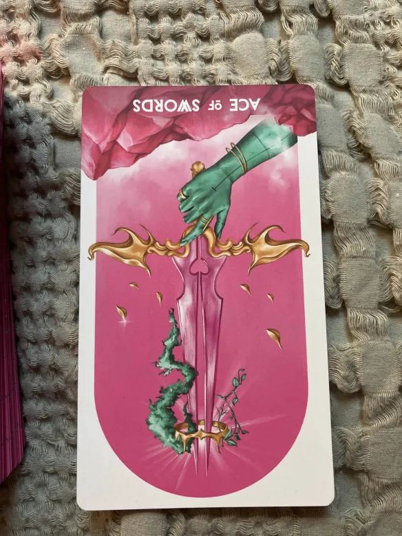 The Ace of Swords card from the Zeke's Arcana deck drawn reversed.