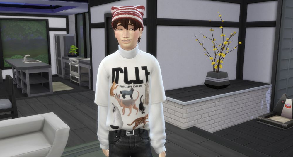 Sho Ito at home watching TV. He has a cat-eared beanie on his head, and he's wearing a shirt with cats on it.