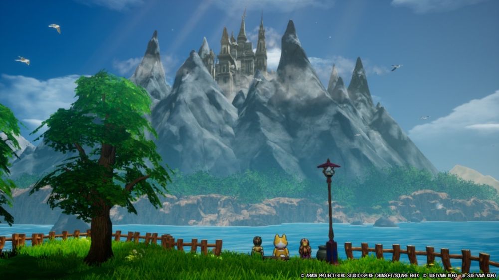 The view of the Dragonlord's castle from Tantegel Castle in Dragon Quest I HD-2D Remake.