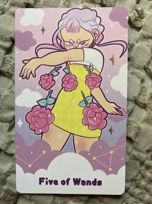 The Five of Wands card from Pastel Journey - the card is drawn upright