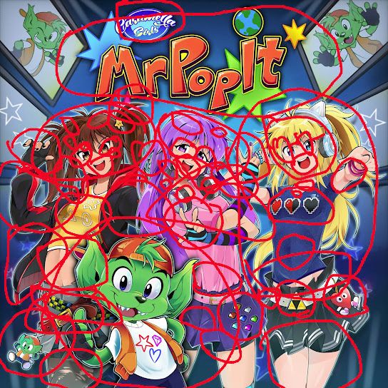 The cover art of the new Caramella Girls single 'Mr Popit' with red circles all over the place, highlighting virtually everything as a 'mistake'.