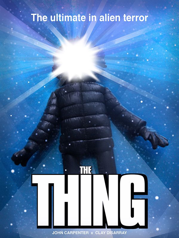 My poster for The Thing based on the iconic oiginal artwork by Drew Struzan. A clay figure all dressed in black has a white light omitting from his hood against a blue background. 