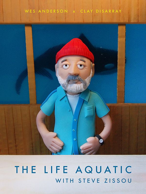 My poster for The Life Aquatic with Steve Zissou with my model of the titular character in front of a large tank containing an orca 