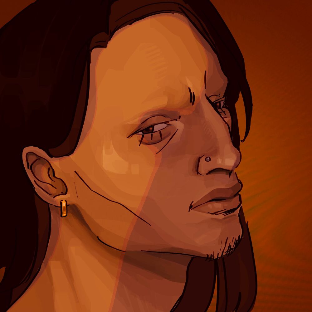 a digital drawing of a man looking over his right shoulder, furrowing his brow. he has brown skin, black and orange peek-a-boo style hair, and an ear and nostril piercing with light stubble on his chin. a shadow casts over the left side of his face. 