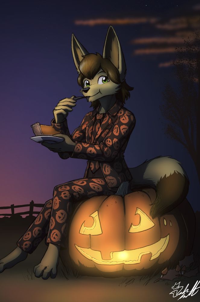 An anthropomorphic fennec fox character know as "Spy 007" is sitting on a large jack-o-lantern while eating pumpkin pie. Spy 007 is wearing a black suit and pants with jack-o-lantern print all over the suit. The large jack-o-lantern being sat on has it's eyes carved to be looking at the pumpkin pie and there are carved out sweat marks indicating the large pumpkin is worried about being turned into pie itself.