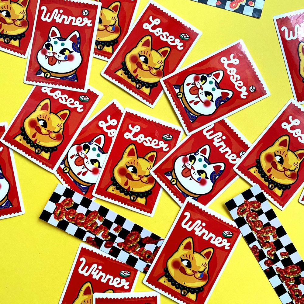 Photo of stickers. Candy wrapper cat stickers and a glittery feelin’ lucky? Sticker  