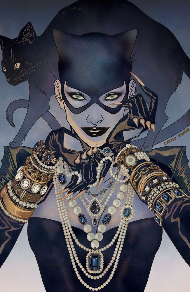 My variant cover of Catwoman. She’s smiling confidently at you, playfully framing her face with her gloved hands. She’s covered in stolen jewellery on her neck and wrists. A cat is balancing on her shoulders. 