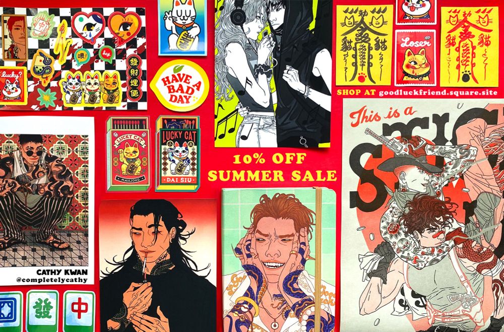 Photo of an assortment of my merch including stickers, art prints & sketchbooks. Text says 10% OFF SUMMER SALE