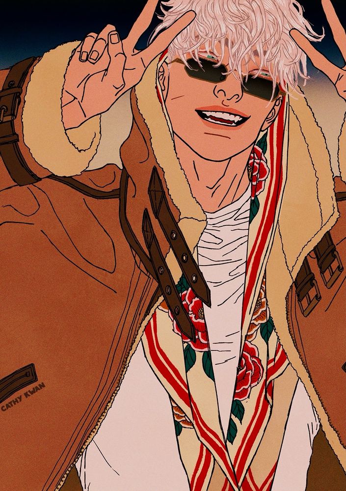 Gojo Satoru from Jujutsu Kaisen. He’s in a modern au outfit of an aviator jacket and silk scarf. He’s doing a double peace sign and smiling widely to the right. (This illustration matches with my Geto piece so that they are smiling at each other) 
