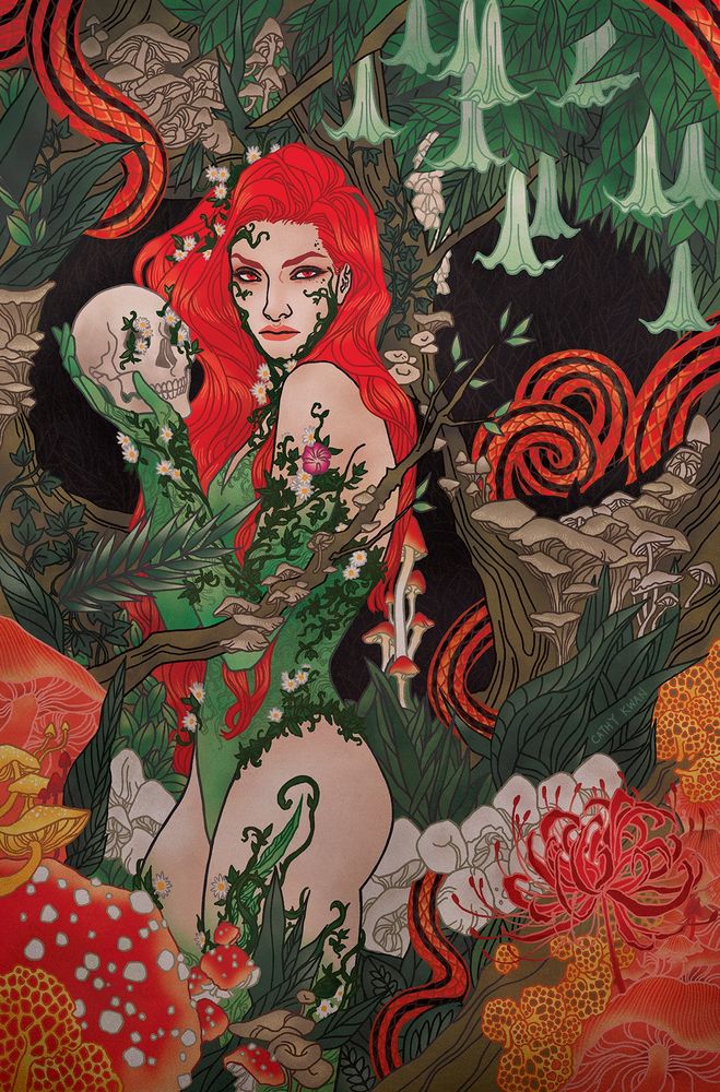 My variant cover of Poison Ivy standing amongst poisonous plants and mushrooms. She’s glaring at you, holding a human skull covered in the same vines and flowers wrapping around her arms. There’s a snake weaving in and out of the plants. The plants and mushrooms form into an optical illusion of a skull behind her.  