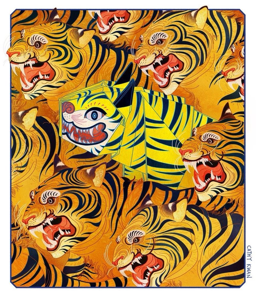 Illustration of a group of real tigers, except the tiger in the middle is an origami tiger and made of paper. It has a goofy expression compared to the snarling real tigers