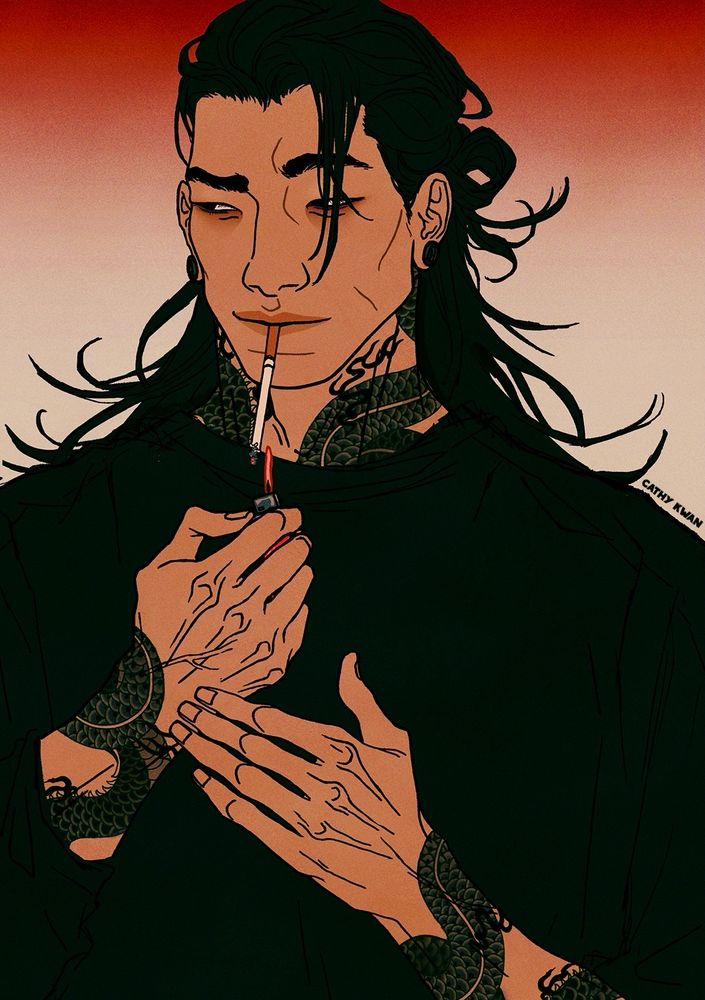 Geto Suguru from Jujutsu Kaisen in a modern AU. He’s got a dragon tattoo on his neck and arms, nodding to his dragon curse. He’s looking to the left with a bemused smirk on his face whilst lighting up a cigarette. (This illustration matches with my Gojo piece so that they are smiling at each other) 