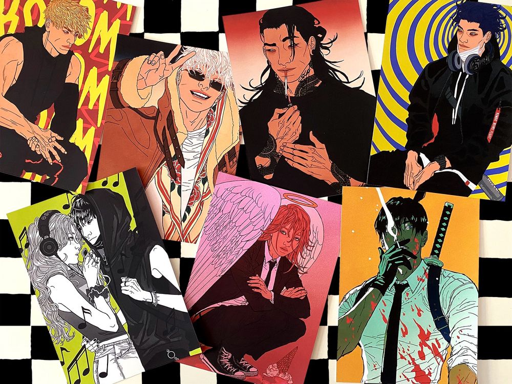 Photo of all my new prints. Bakugo and Shinsou from My hero academia. Gojo and Geto from Jujutsu Kaisen. Aki and Angel from chainsawman. Mistuki and aya from The Guy She Qas Interested In Wasn’t a Guy at all.  