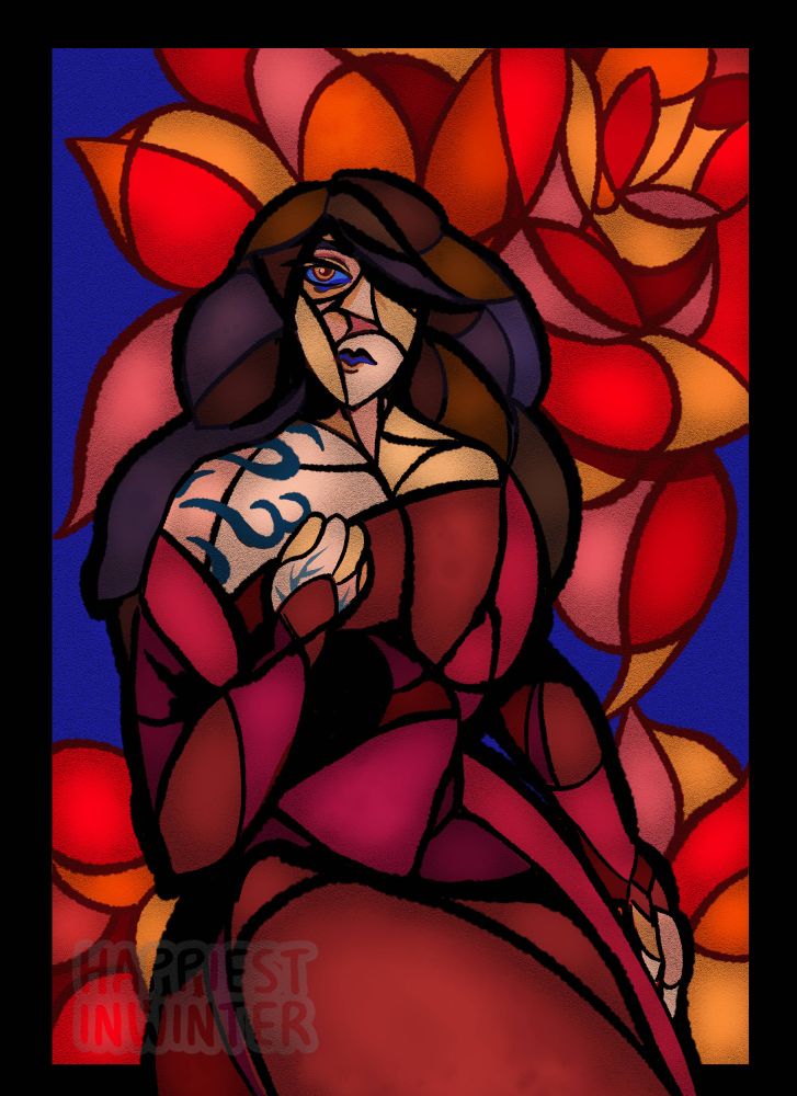 Brightly coloured digital art of my OC Sasha in the style of stained glass. Sasha is shown as an androgynous white man with long dark hair, black lipstick and eyeliner. He wears a red off the shoulder dress with sleeves, it reveals black flame tattoos on his right shoulder, and grey thorns on the same hand. His eye is brown with a stylised blue sclera to match the bright blue background. Behind Sasha are big red/orange/yellow roses.
Watermark reads: Happiestinwinter.