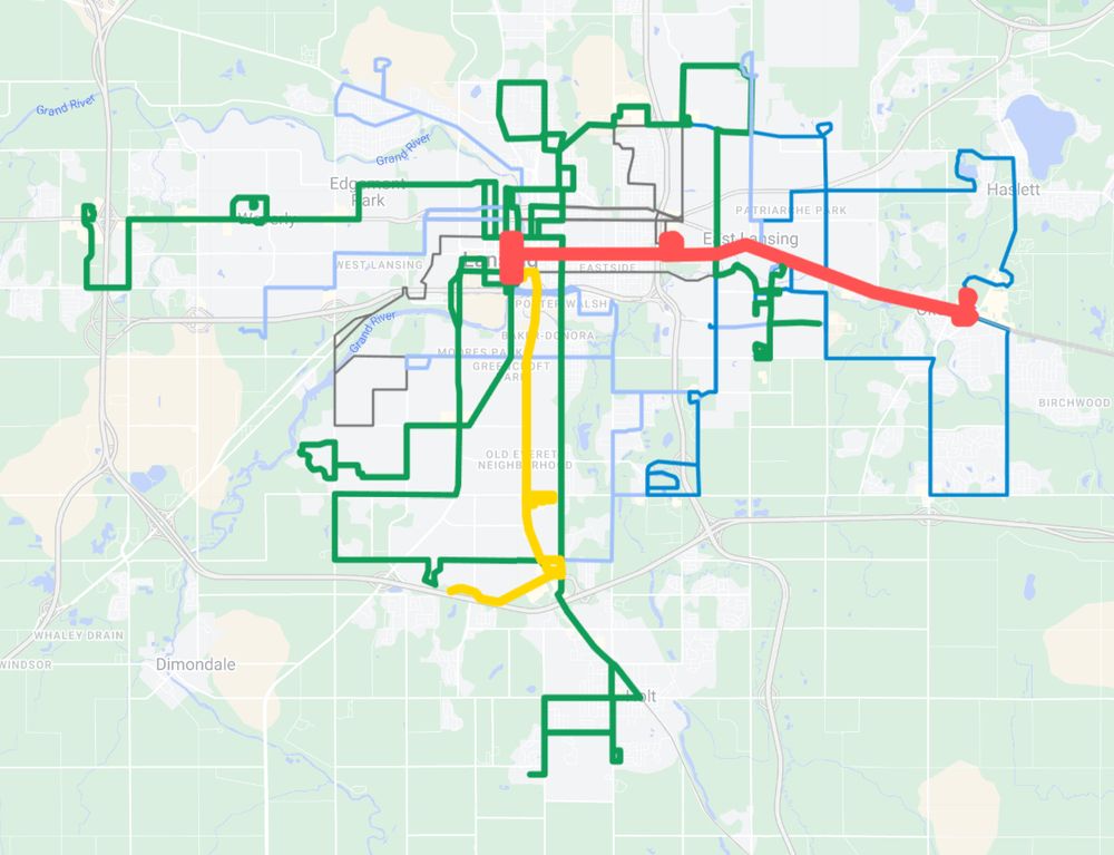 CATA Map showing routes colored to match their frequencies. 
