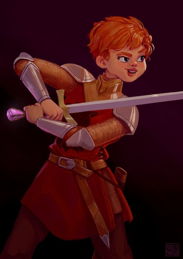 A painting of Alanna of Trebond from Tamora Pierce's 'Song of the Lioness Books. Alanna is a young redheaded woman with purple eyes. She is wearing a red tunic and gold chainmail. She is Smiling and looking offscreen, holding a sword with a crystal in the pommel up in a guard pose like she is ready to fight.