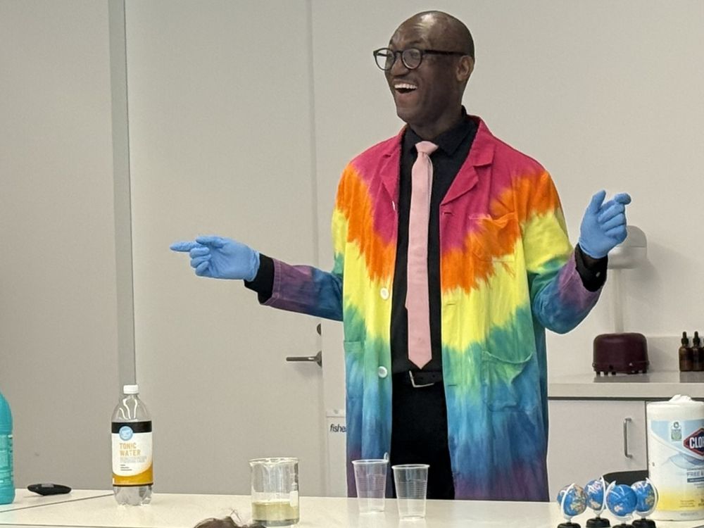 Pic during the Briggs-Rauscher: Oscillating Clock where the liquid turned back to Amber, he has a surprised smile face. The kids and adults loved it!