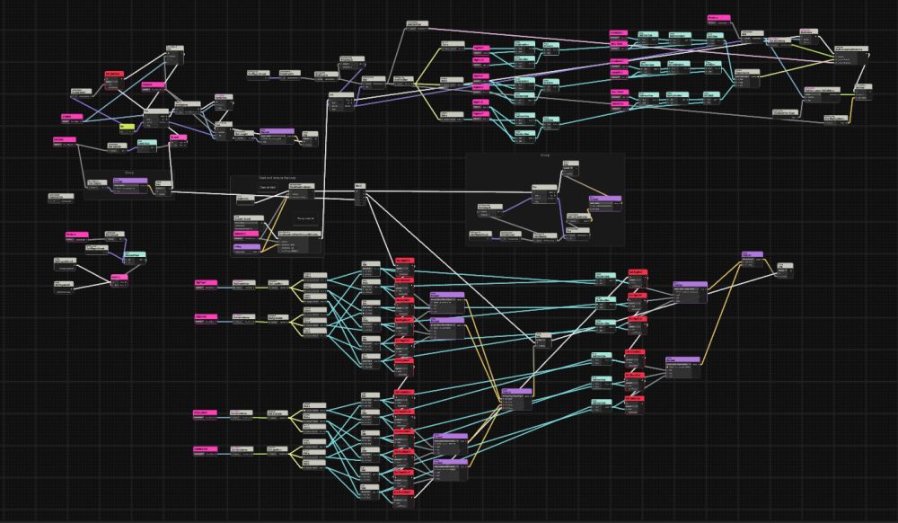 A huge drag and drop programming mess of udon the vrchat language